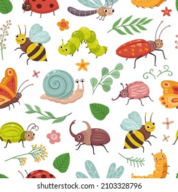 Insect seamless pattern. Cartoon snail, bug and caterpillar. Childish print with beetle and flying butterfly. Garden nature animals neoteric vector background