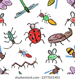 Insect seamless pattern. Crazy doodle insects set background. Crayon like kid`s hand drawn colorful funny butterfly, bug, bee, dragonfly. Vector pastel chalk or pencil childlike cartoon flat art