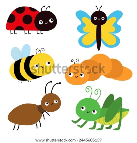 Insect set. Ant, bee bumblebee, grasshopper, caterpillar, ladybug ladybird, butterfly, lady bug. Cute cartoon funny kawaii baby animal. Childish style. Flat design. White background Vector