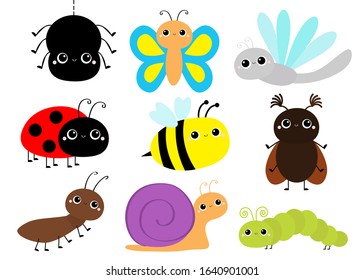 Insect set. Beetle, ladybug ladybird, dragonfly, ant, butterfly, green caterpillar spider, honey bee snail. Cute cartoon kawaii baby animal character. Flat design. White background. Isolated Vector