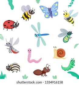 Insect set. Cute insects, cartoon style. flying and crawling. butterfly, bee, wasp, fly, ladybug, dragonfly, ant, colorado beetle, mosquito, caterpillar, snail, worm. Isolated illustration 