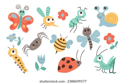  Insect set. Grasshopper, caterpillar, fly, ant, mosquito, bee, spider, butterfly, snail, ladybug, flying insects icons set.Cute cartoon kawaii animal. Flat design. White background. Vector