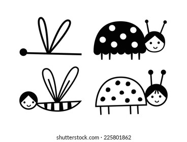 Insect set (Ladybird, Butterfly, Bee and Dragonfly), Vector 