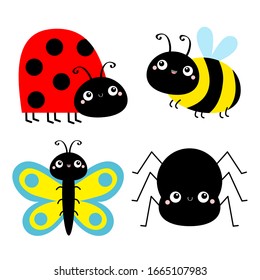Insect set. Ladybug ladybird, bee bumblebee, butterfly, spider, lady bug. Cute cartoon kawaii baby animal character. Flat design. White background. Isolated. Vector illustration
