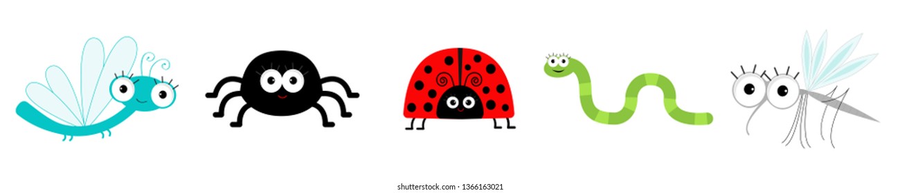 Insect set line. Ladybug, dragonfly, mosquito, spider and worm. Cute cartoon kawaii funny character.  