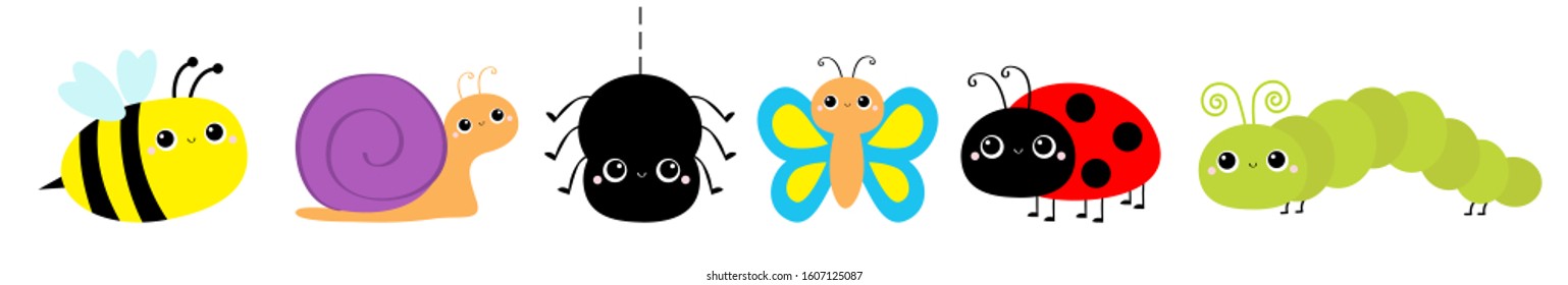 Insect set line. Ladybug ladybird, butterfly, green caterpillar, spider, honey bee, snail. Cute cartoon kawaii baby animal character. Flat design. Isolated. White background. Vector illustration