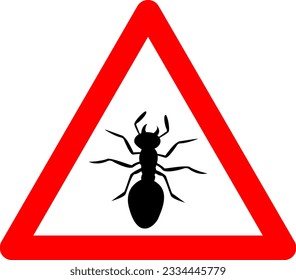 Insect sign. Ants warning sign. Red triangle sign with an ant silhouette inside. Caution ants. Beware of insects. Disease danger.