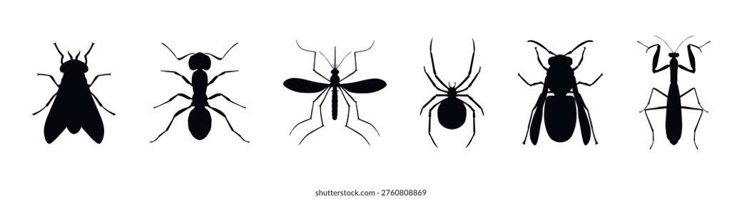 Insect silhouette collection featuring fly ant mosquito spider wasp mantis black and white vector art