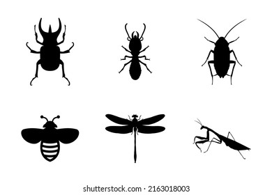 Insect Silhouette Illustration. Cockroach, Beetle, Termite, Bee, Dragonfly, Grasshopper Silhouette For Design About Insect World.