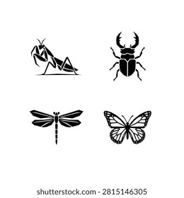 Insect Silhouette Vector Set: Mantis Beetle Dragonfly Butterfly