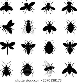 Insect Silhouettes Collection, Insect Silhouettes Set, Cute Set Insects Bugs Illustration