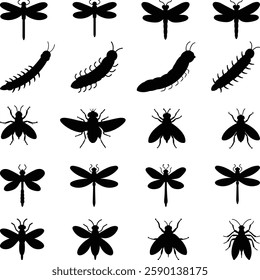 Insect Silhouettes Collection, Insect Silhouettes Set, Cute Set Insects Bugs Illustration