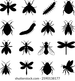 Insect Silhouettes Collection, Insect Silhouettes Set, Cute Set Insects Bugs Illustration