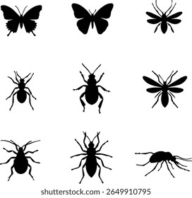 Insect Silhouettes Set 9 Black Vector Icons of Bugs and Insects