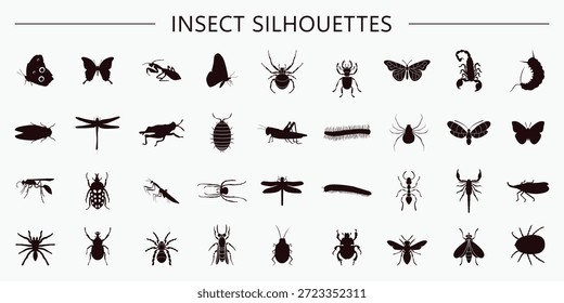 Insect Silhouettes Vector Set with Butterfly Beetle Spider Ant and Bug Icons.