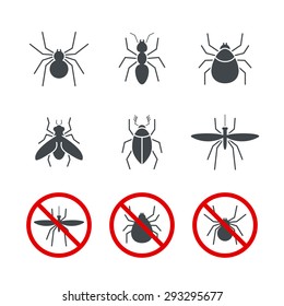 Insect simple vector icon set - bug, ant, tick, spider, fly and mosquito