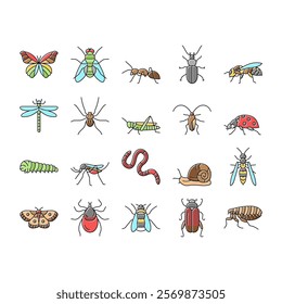 Insect, Spider And Bug Wildlife Icons Set Vector. Dragonfly And Butterfly, Ladybug And Cockroach, Grasshopper And Bumblebee, Mosquito And Caterpillar Insect Line. Color Illustrations