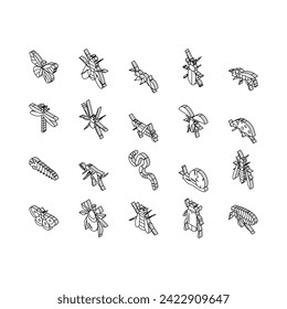 Insect, Spider And Bug Wildlife isometric icons set. Dragonfly And Butterfly, Ladybug And Cockroach, Grasshopper And Bumblebee, Mosquito And Caterpillar Insect Line. Color .