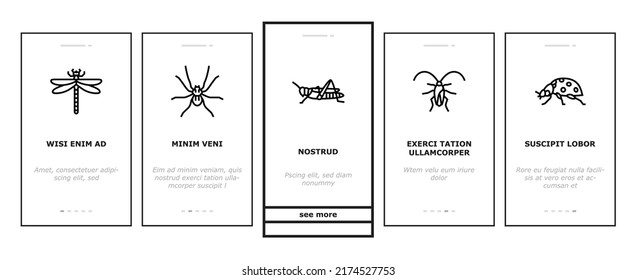 Insect, Spider And Bug Wildlife Onboarding Mobile App Page Screen Vector. Dragonfly And Butterfly, Ladybug And Cockroach, Grasshopper And Bumblebee, Mosquito And Caterpillar Insect . Illustrations