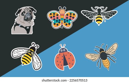 Colección de stickers de insectos; Conjunto de vectores de pegatinas encantadores