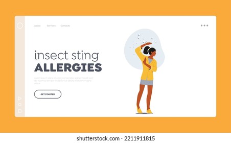 Insect Sting Allergy Landing Page Template. Young Girl Afraid of Bees Allergens And Risk Factors. Medical Concept with Female Character Trying to avoid Pest Bite. Cartoon People Vector Illustration