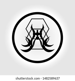 insect symbol, insect logo in a circle with a tattoo style model on a white background