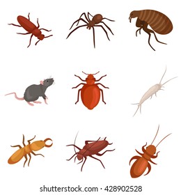 Conjunto de símbolos de insectos aislados en blanco. Signo o ícono de insecto abeja de langosta de mosca de araña negra con mosquito de ala elemento de diseño macro para el control de plagas concepto plano Ilustración vectorial de colección