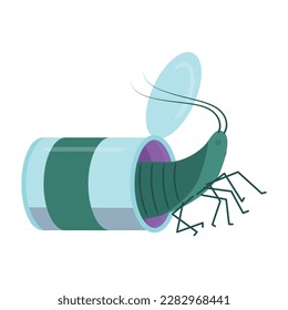 Un insecto en una lata. El concepto de contaminación de la naturaleza. Catastrofia ecológica. Ilustración vectorial aislada en fondo blanco.