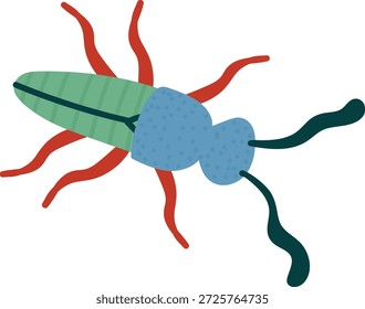 Desenho animado de vista superior de inseto com corpo segmentado, antena longa e perna ondulada, anatomia gráfica do inseto. Símbolo da natureza, biodiversidade, curiosidade, descoberta, educação e ciência. Ilustração de vetor de desenhos animados.