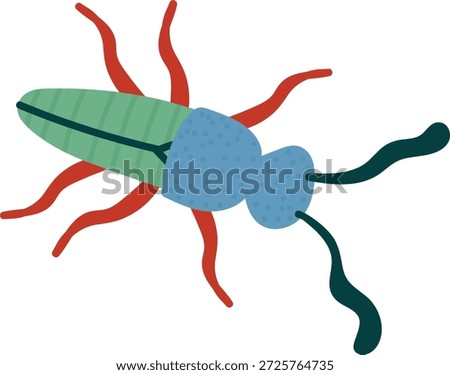 Insect top view cartoon with segmented body, long antenna, and wavy leg, graphic bug anatomy. Symbol of nature, biodiversity, curiosity, discovery, education, and science. Cartoon vector illustration.