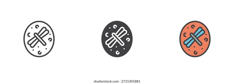 Insect trapped in amber icon set with line, solid and filled outline colorful styles. Fossil resin vector sign and symbol icon, color illustration of prehistoric preservation.