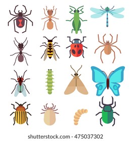 Insect vector flat icons set. Butterfly and bug, fly and ant illustration