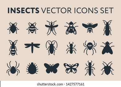 Insect Vector Flat Solid Glyph Icon Illustration Set. Bed Bug, Fly, Dragonfly, Ant, Roach, Cockroach, Mosquito, Termite, Spider, Butterfly, Bee, Wasp.