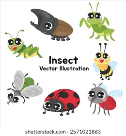 Insect Vector Illustration Collection – Cute Cartoon Clip Art of Various Insects Including Beetle, Grasshopper, Mantis, Bee, Butterfly, Ladybug, and Mosquito for Fun and Creative Graphic Designs