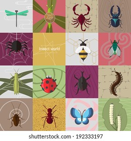 Insect world.  It is a collection of fifteen insects. Including snail, dragonfly, grasshopper, spider, scorpion, silkworm, flies etc. 