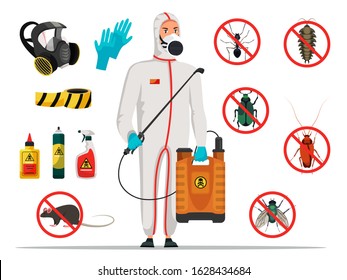 Insectologist disinfector and equipment vector set. Worker character in protective mask and suit. Icons signs with insects. Decontamination tools items. Disinfection pest control flat illustration