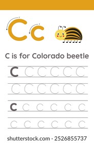 Insects alphabet writing for preschool kids. Letter C is for Colorado beetle.