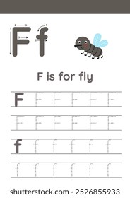 Insects alphabet writing for preschool kids. Letter F is for fly.