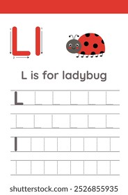 Insects alphabet writing for preschool kids. Letter L is for ladybug.