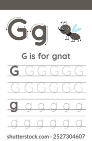 Insects alphabet writing for preschool kids. Letter G is for gnat.