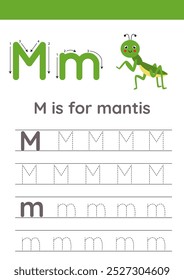 Insects alphabet writing for preschool kids. Letter M is for mantis.