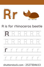 Insects alphabet writing for preschool kids. Letter R is for rhinoceros beetle.