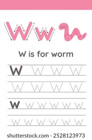 Insects alphabet writing for preschool kids. Letter W is for worm.