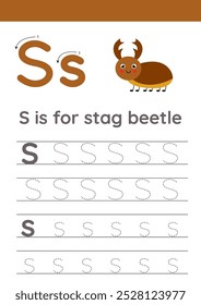 Insects alphabet writing for preschool kids. Letter S is for stag beetle.