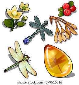 Insects in amber. The berries and flowers Vector illustration.