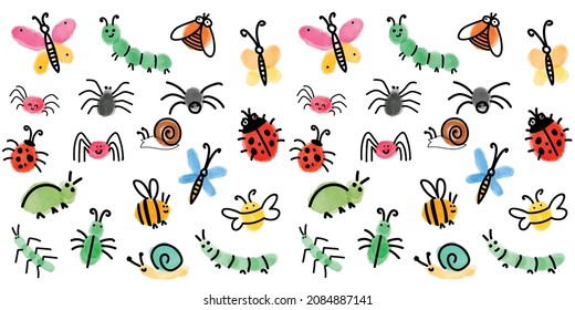 insects animals icons colorful hand drawn sketch. hand drawn seamless pattern with insects and snails