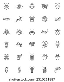 Insects animals line icons set. linear style symbols collection, outline signs pack. Insects vector graphics. Set includes icons as ant, beetle, bug, spider, caterpillar, butterfly, mosquito, larvae