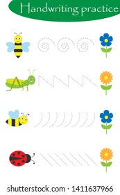 Insects in artoon style, handwriting practice sheet, kids preschool activity, educational children game, printable worksheet, writing training, vector illustration