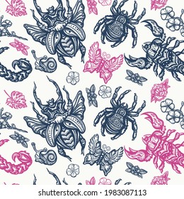 Insects background. Old school tattoo vector seamless pattern. Stag beetle, butterfly, snail, scorpion and spider