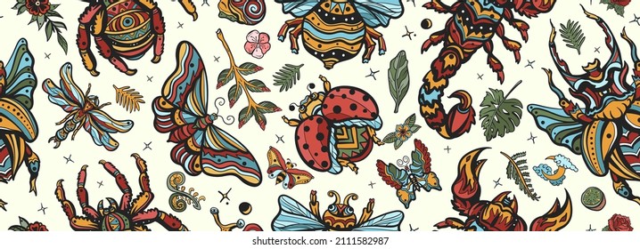 Insects background. Old school tattoo vector seamless pattern. Stag beetle, bee, bumblebee, butterfly, snail, scorpion, ladybug, spider and dragonfly 